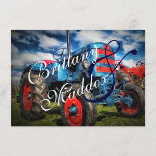 Country Farm Tractor Blue Wedding Invitations