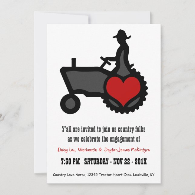 Country Farmer Love Cute Tractor Engagement Party Invitation (Front)