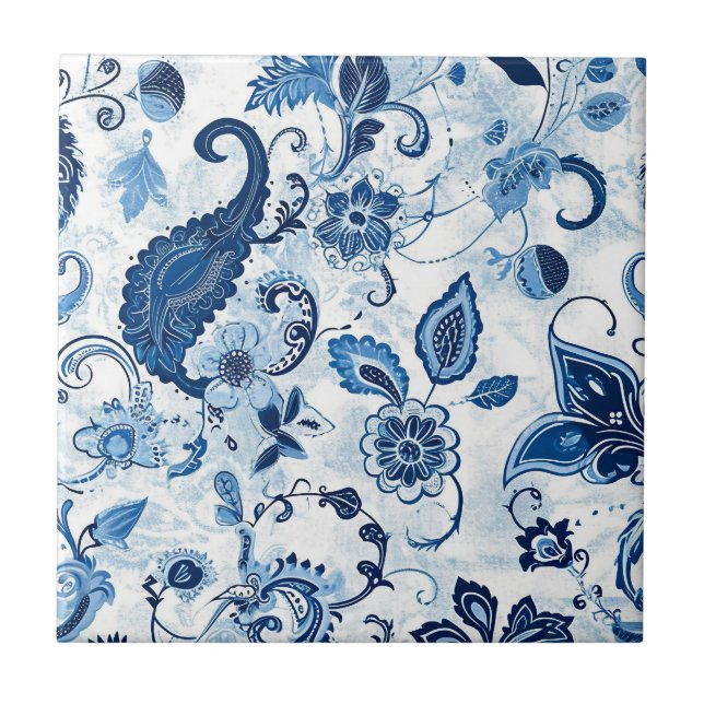 Country Farmhouse Blue and White Paisley  Ceramic Tile (Front)