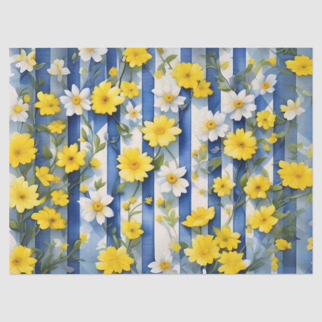 Country Farmhouse Blue, White, and Yellow Flowers Tissue Paper (Front)