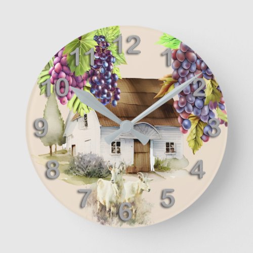 Country farmhouse grape goats kitchen  round clock