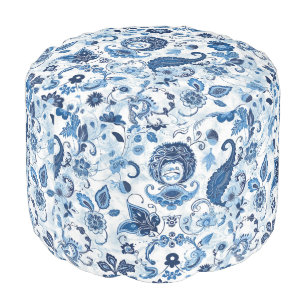 Country Farmhouse Paisley Blue White Cottagecore Pouf