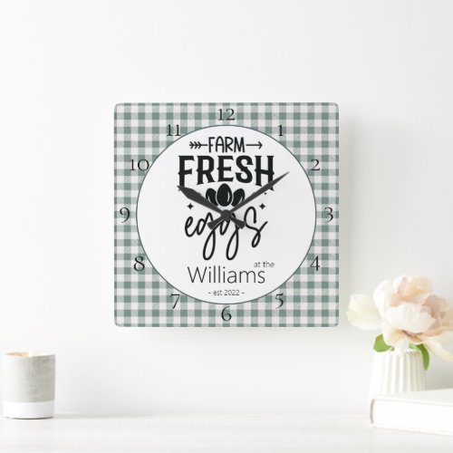 Country Farmhouse Plaid Farm Fresh Eggs  Square Wa Square Wall Clock