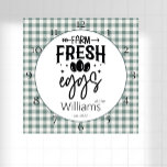 Country Farmhouse Plaid Farm Fresh Eggs  Square Wa Square Wall Clock<br><div class="desc">This sweet, unique, family name personalized design features a farmhouse plaid background with the words, "Farm Fresh Eggs at the Williams Est. 2022". Click "Personalize this template" to change the name and date to your own. This is a one-of-a-kind housewarming gift. If you need any help with customization please email...</div>