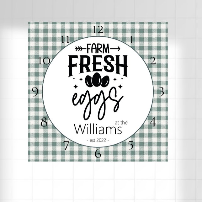 Country Farmhouse Plaid Farm Fresh Eggs  Square Wa Wall Clock (Creator Uploaded)