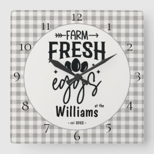 Country Farmhouse Plaid Farm Fresh Eggs Square Wall Clock