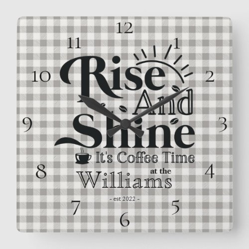 Country Farmhouse Plaid Rise Shine Coffee Time  Sq Square Wall Clock