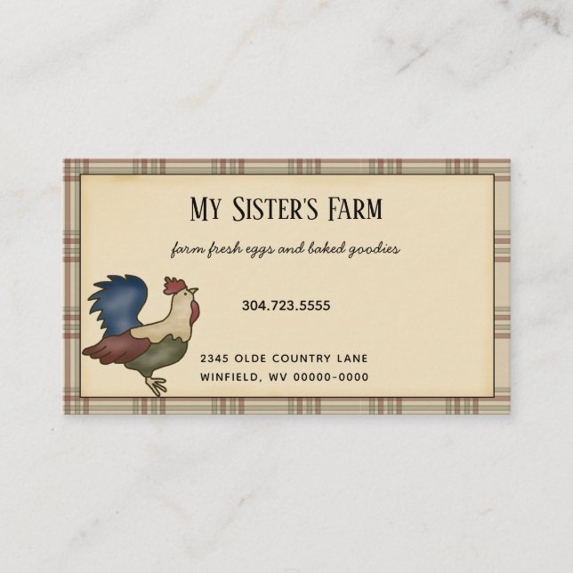 Country Farmhouse Rooster Plaid Rustic  Business Card (Front)