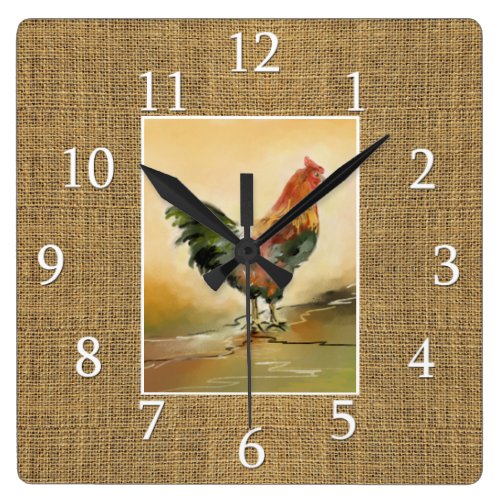 Country Farmhouse Rooster Rustic Burlap Jute Square Wall Clock