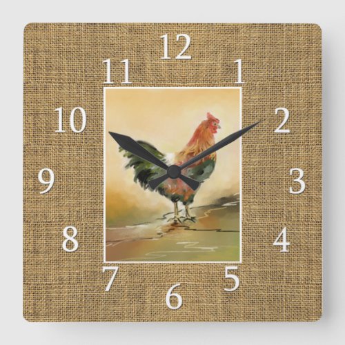 Country Farmhouse Rooster Rustic Burlap Jute Square Wall Clock