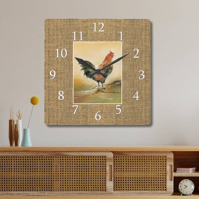 Country Farmhouse Rooster Rustic Burlap Jute Square Wall Clock (Creator Uploaded)