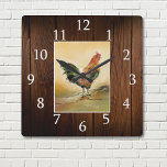 Country Farmhouse Rooster Rustic Dark Wood Square Wall Clock<br><div class="desc">Farmhouse kitchen rooster clock with a rustic wood texture background.</div>