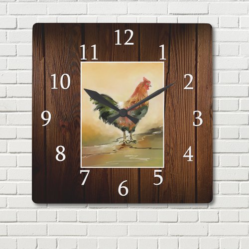 Country Farmhouse Rooster Rustic Dark Wood Square Wall Clock