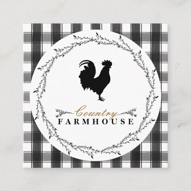 Country Farmhouse Rustic Wreath Plaid Check Square Business Card (Front)