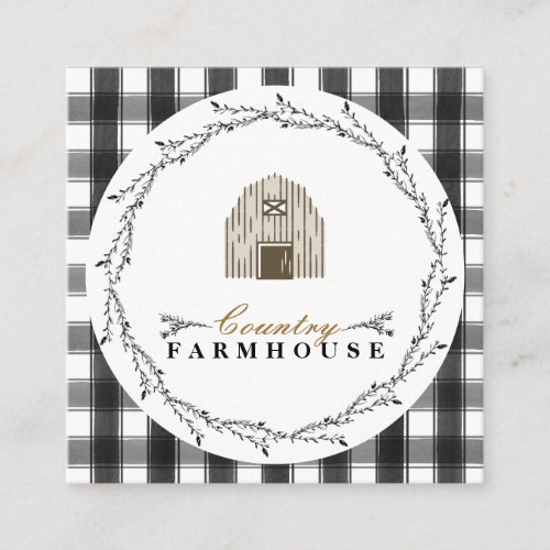 Country Farmhouse Rustic Wreath Plaid Check Square Business Card
