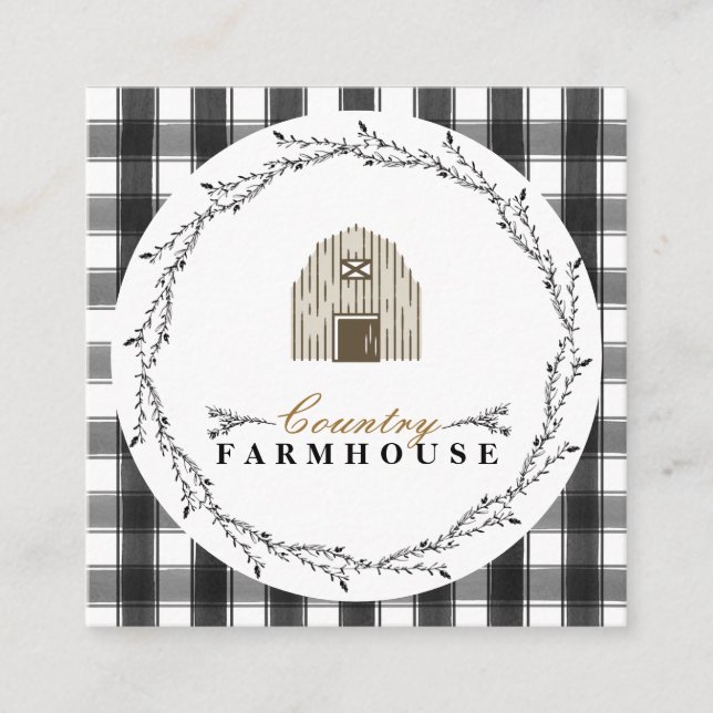 Country Farmhouse Rustic Wreath Plaid Check Square Business Card (Front)