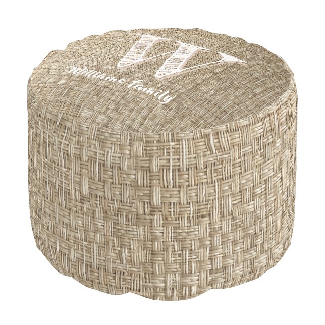 Country Farmhouse Weave Pattern Print Monogram Pouf (Angled Back)