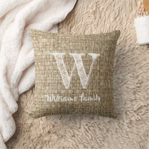 Country Farmhouse Weave Pattern Print Monogram Throw Pillow