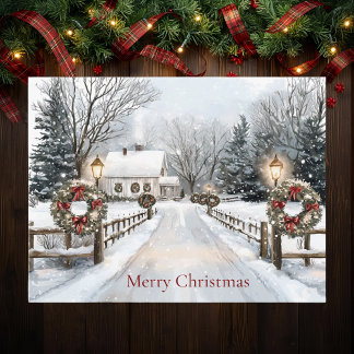Country Farmhouse Winter Scene Merry Christmas Holiday Postcard