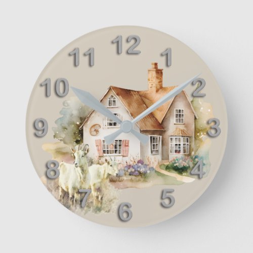 Country farmhouse with goats watercolor kitchen round clock