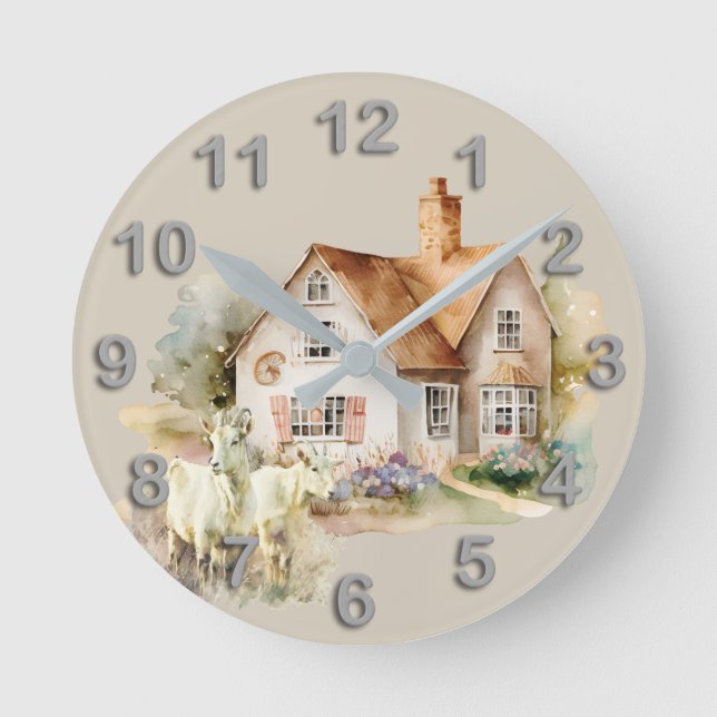 Country farmhouse with goats watercolor kitchen round clock (Front)