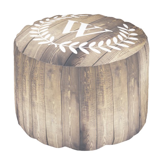 Country Farmhouse Wood White Laurels Monogram Pouf (Angled Back)