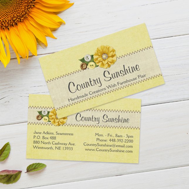 Country Farmhouse Yellow Sewing Buttons & Flower Business Card (Creator Uploaded)
