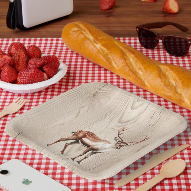 Country Faux Wood Deer Birthday Paper Plates (Picnic)