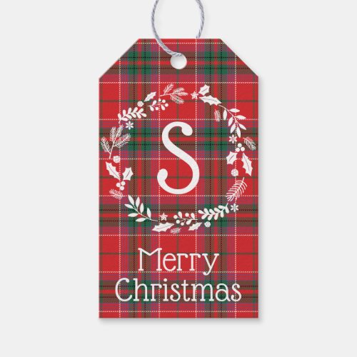 Country Festive Red Green Plaid Foliage Monogram Gift Tags