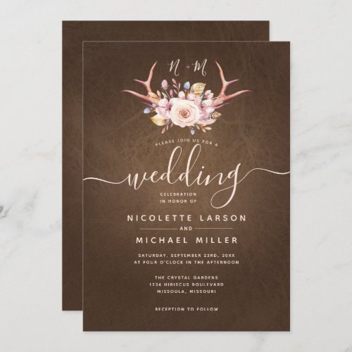 Country Floral and Antler Leather Wedding Invitation