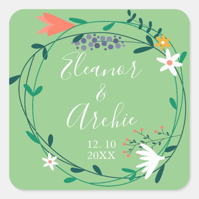 Country Floral Garland Wedding favor Square Sticker (Front)