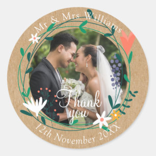 Country Floral Garland Wedding Photo Thank You Classic Round Sticker