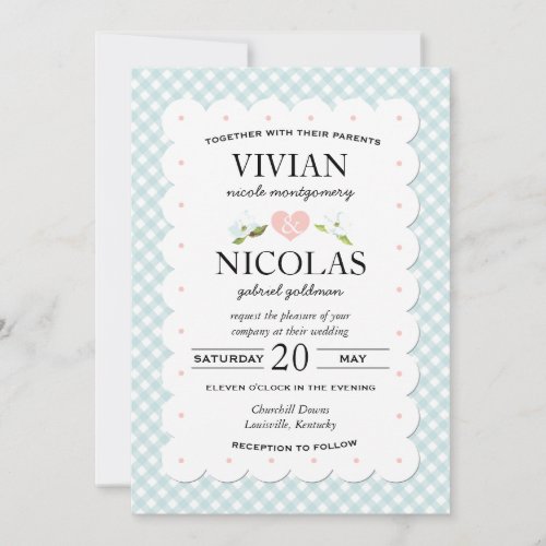 Country Floral Gingham Pink Blue Wedding Invitation