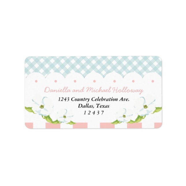 Country Floral Gingham Pink Blue Wedding Label (Front)
