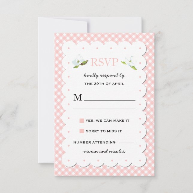 Country Floral Gingham Pink Blue Wedding RSVP (Front)