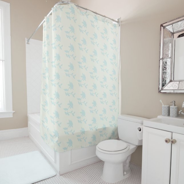 Country Floral Light Blue And Cream Pattern Shower Curtain (In Situ)