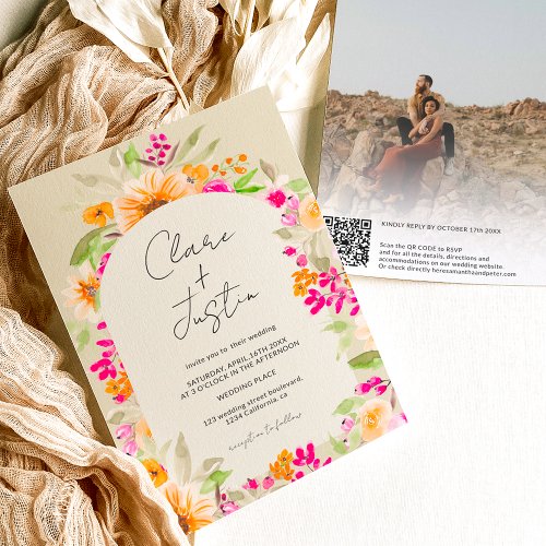 Country floral names photo Qr code wedding Invitation