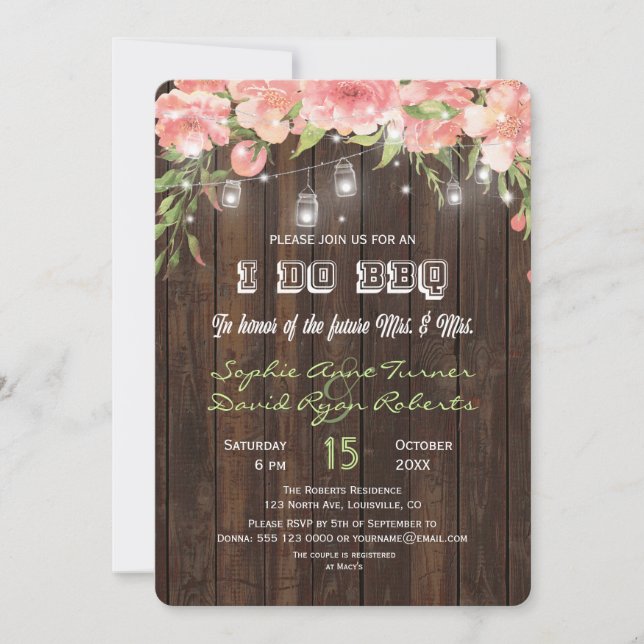 Country Floral Old Barn Mason Jar Lights I DO BBQ Invitation (Front)