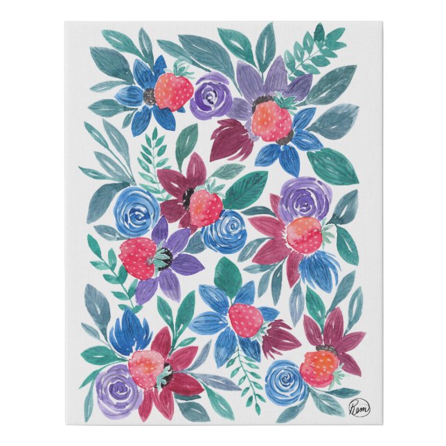 Country Floral Strawberries Watercolor Art Faux Canvas Print (Front)