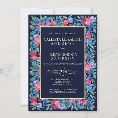 Country Floral Strawberries Watercolor Engagement Invitation