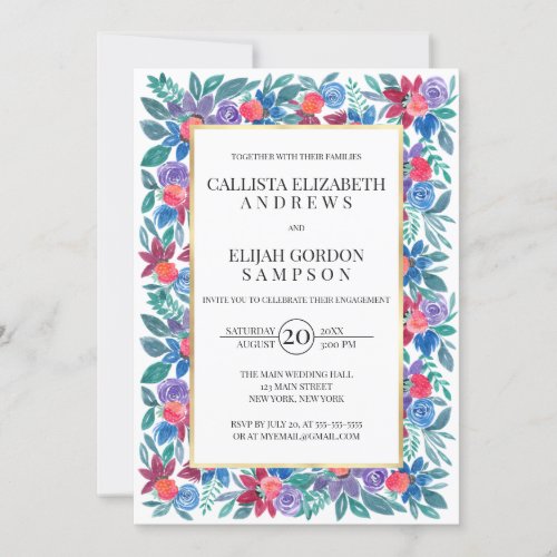 Country Floral Strawberries Watercolor Engagement Invitation