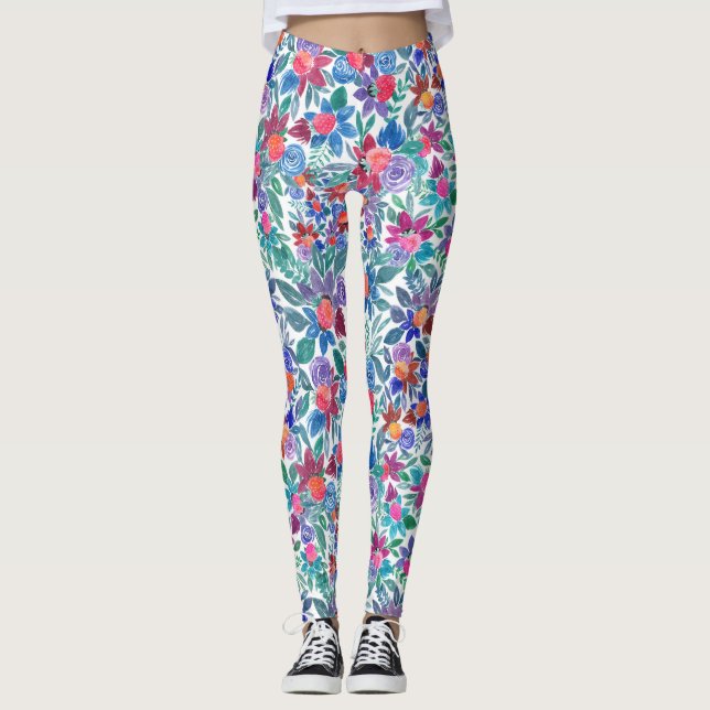 Country Floral Strawberries Watercolor Pattern Leggings (Front)