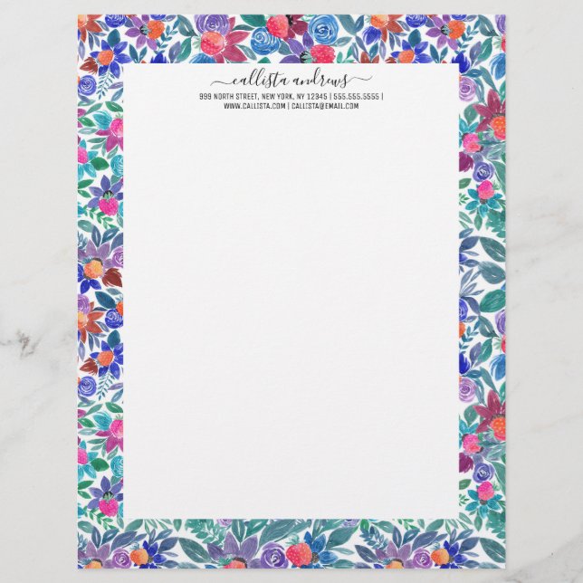 Country Floral Strawberries Watercolor Pattern Letterhead (Front)