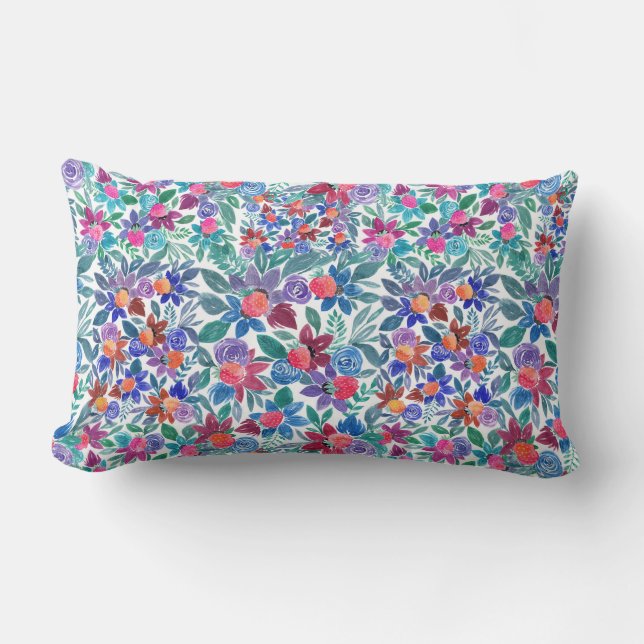 Country Floral Strawberries Watercolor Pattern Lumbar Pillow (Front)