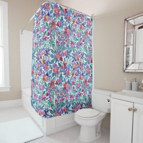Country Floral Strawberries Watercolor Pattern Shower Curtain