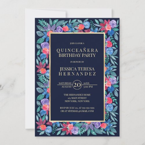 Country Floral Strawberries Watercolor Quinceaera Invitation