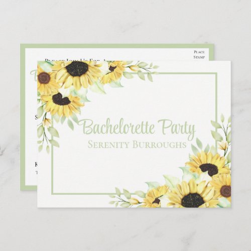 Country Floral Watercolor Sunflowers Bachelorette  Invitation Postcard