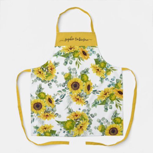 Country Floral Watercolor Yellow Sunflower Apron