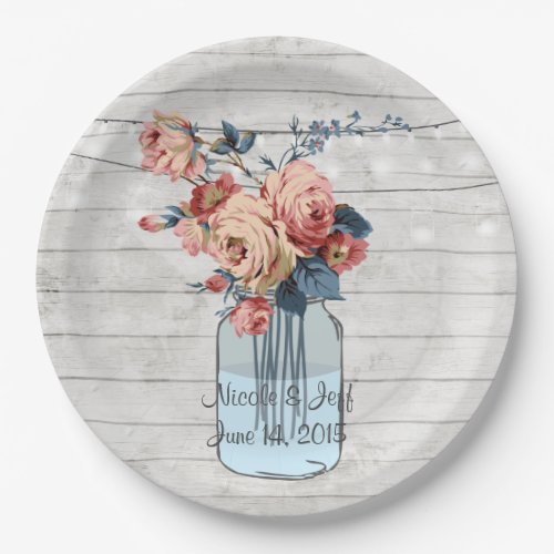 Country Floral Wood Mason Jar Wedding Paper Plates