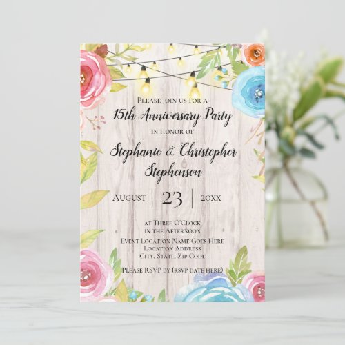 Country Floral Wood String Light Anniversary Invit Invitation